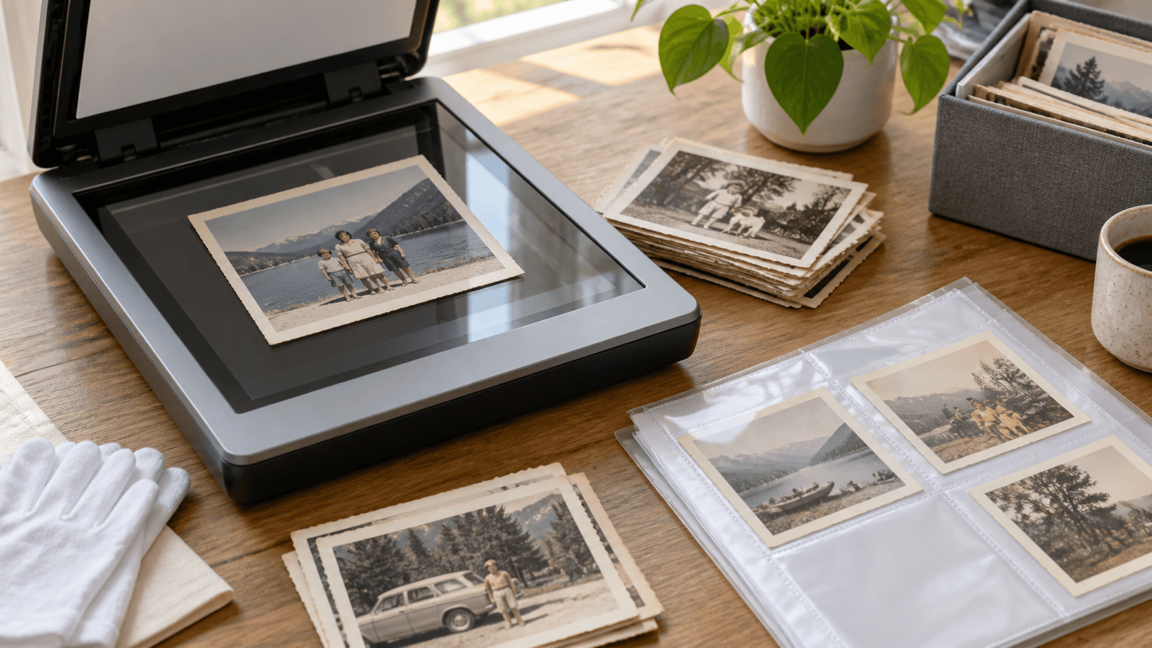 Vintage family photographs arranged beside a flatbed scanner and archival sleeves