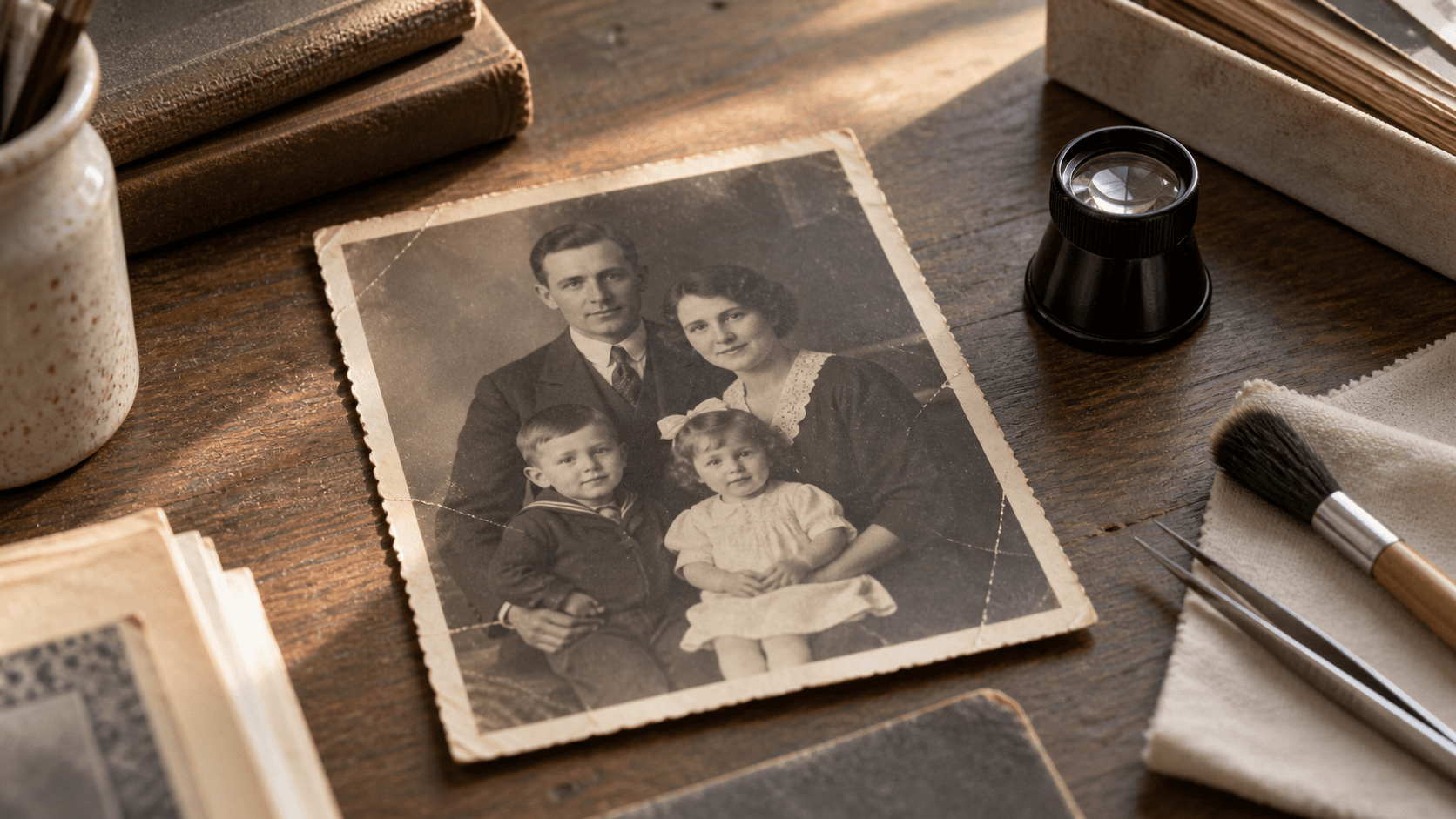 Vintage family portrait and magnifying loupe on an archival worktable