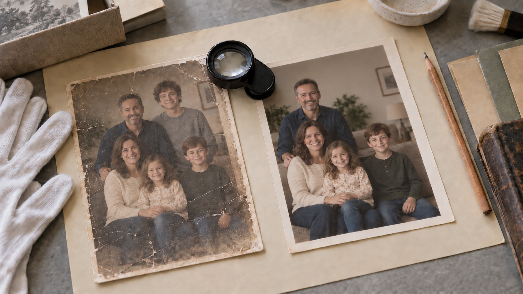 An illustrative scene for an archival review, showing a family photograph beside a processed comparison print and a magnifying glass; not a real restoration case